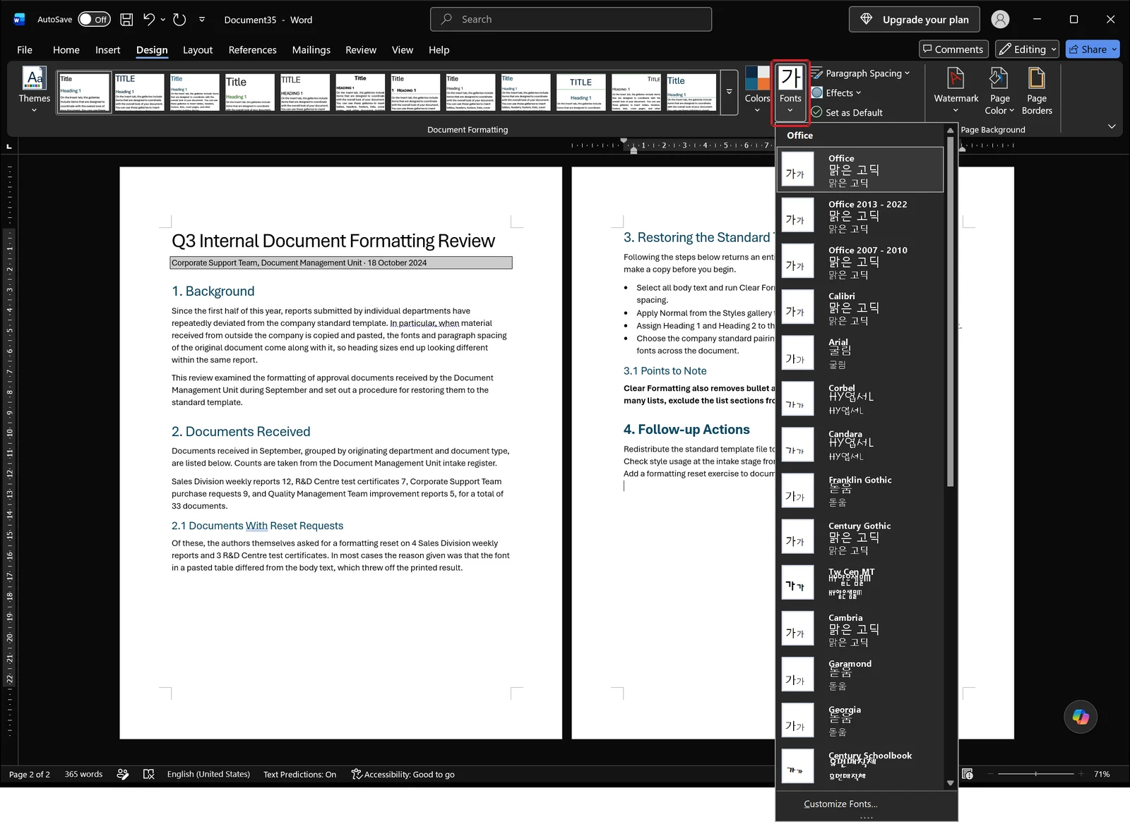 Word Design tab with the theme Fonts dropdown open listing heading and body font pairs