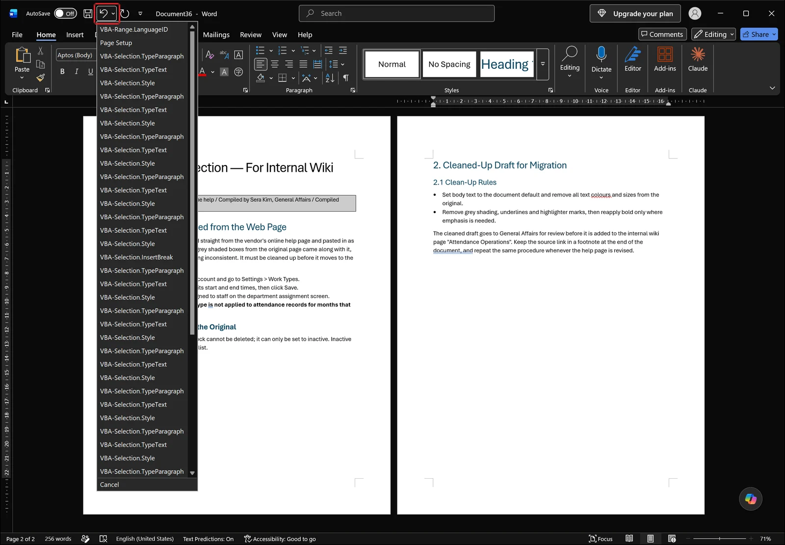 Word Undo dropdown open from the quick access toolbar listing recent actions