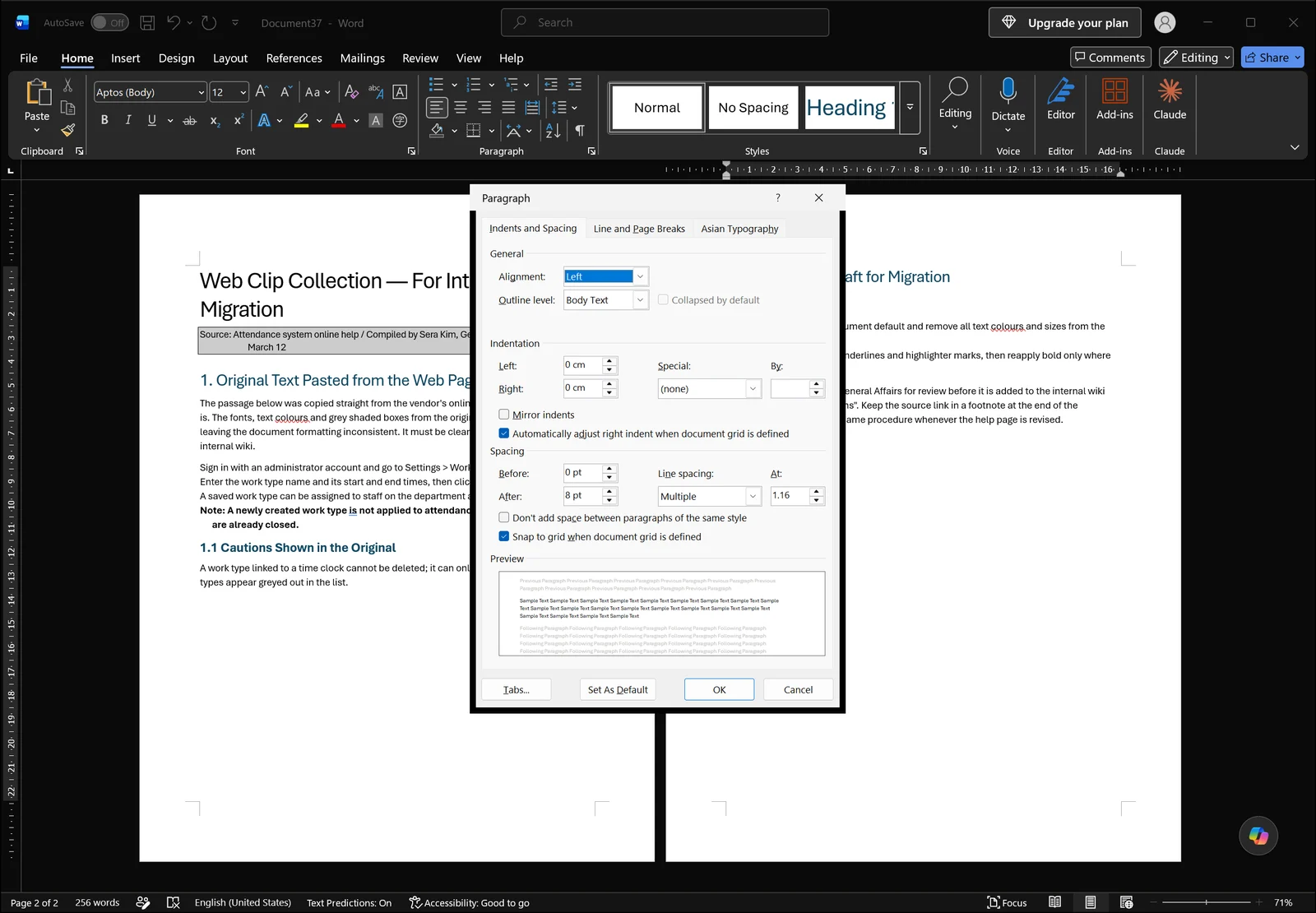 Word Paragraph dialog box showing indentation, spacing before and after and line spacing values
