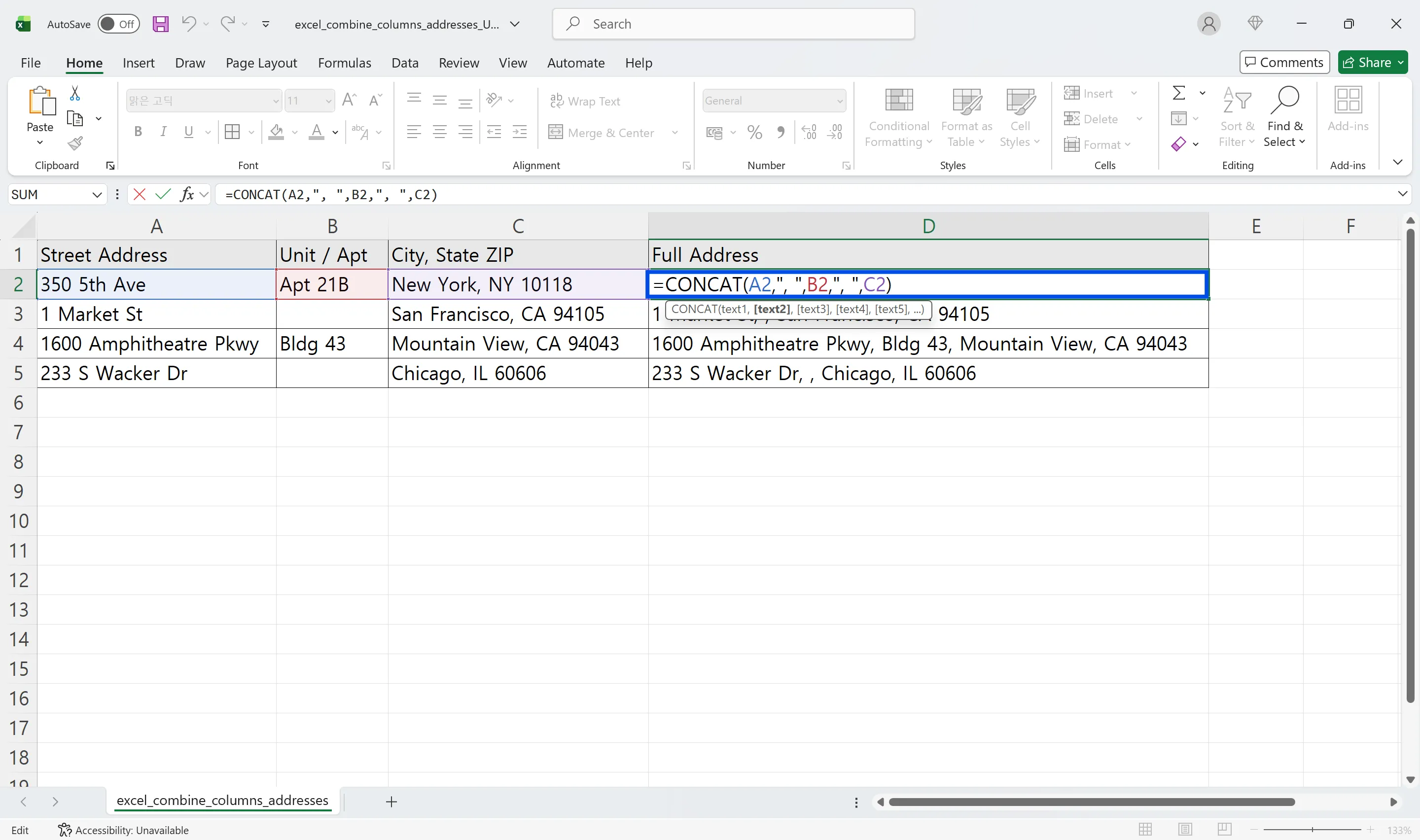 CONCAT formula merging Street Address, Unit, and City into a Full Address with comma separators