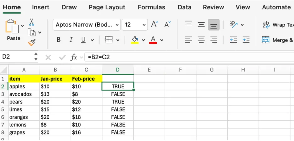 Excel comparing Jan-price and Feb-price columns with =B2=C2, returning TRUE or FALSE for each item