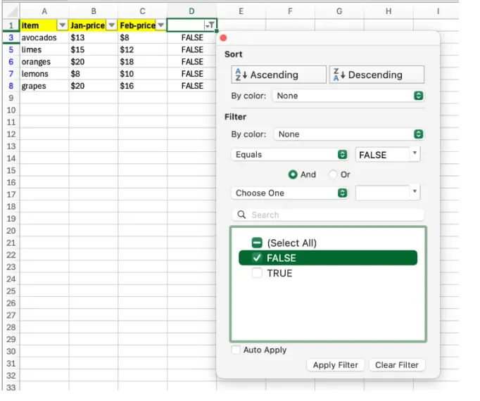 Excel filtered to show only FALSE rows: avocados, limes, oranges, lemons, and grapes