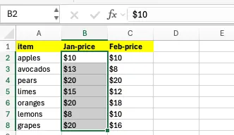 Selecting the Jan-price column, B2:B8, before applying a conditional formatting rule