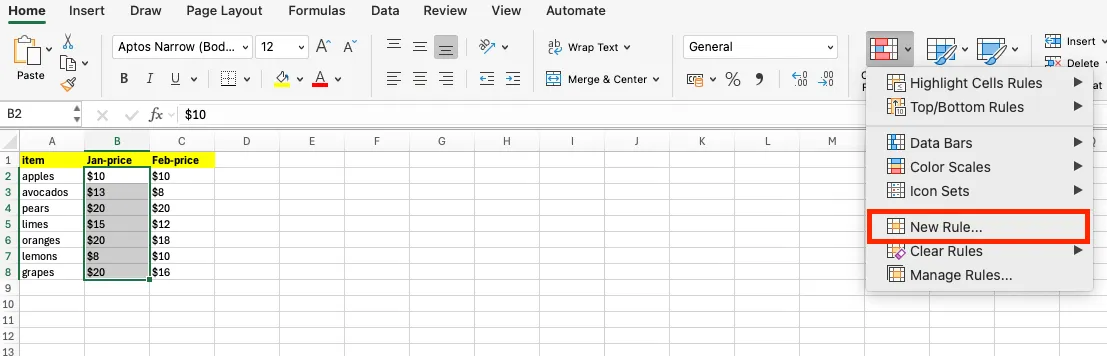 The Home tab Conditional Formatting dropdown with New Rule highlighted
