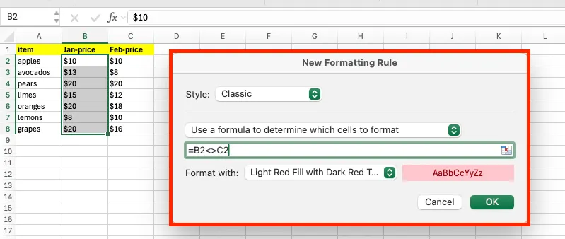 The New Formatting Rule dialog with a formula that flags cells where B2 does not equal C2, using a light red fill format