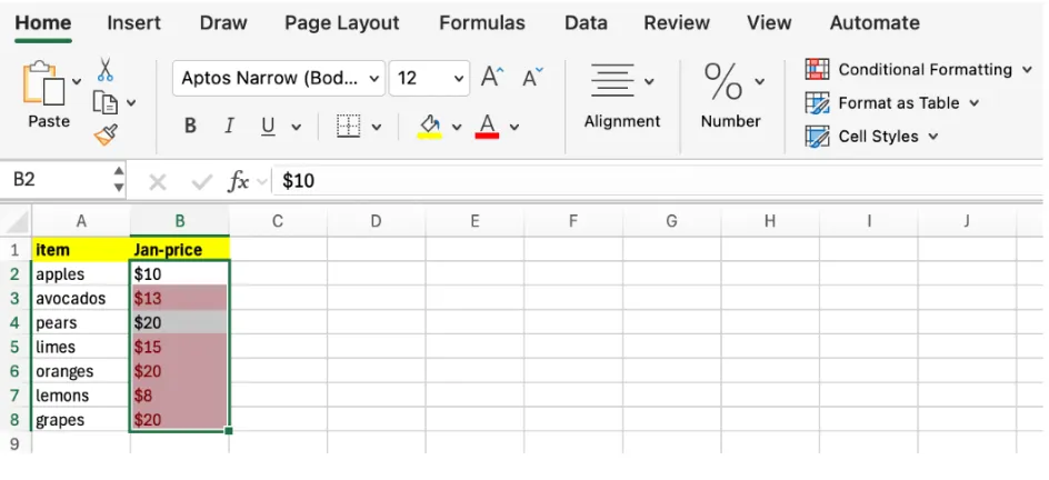 Conditional formatting highlighting avocados, limes, oranges, lemons, and grapes in red as the rows that changed