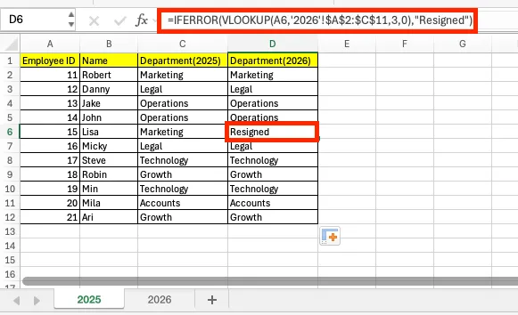 The same lookup wrapped in IFERROR, showing "Resigned" instead of #N/A for the missing employee