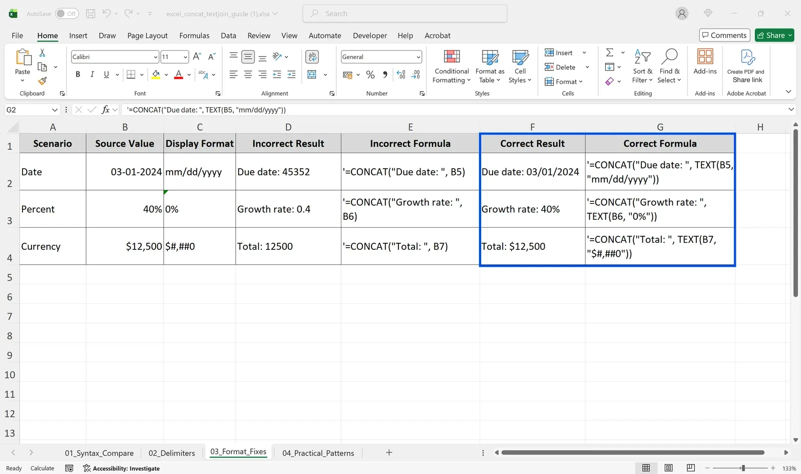 CONCAT results showing 45352, 0.4 and 12500 when date, percent and currency cells are joined directly, next to 03/01/2024, 40% and $12,500 when wrapped in TEXT