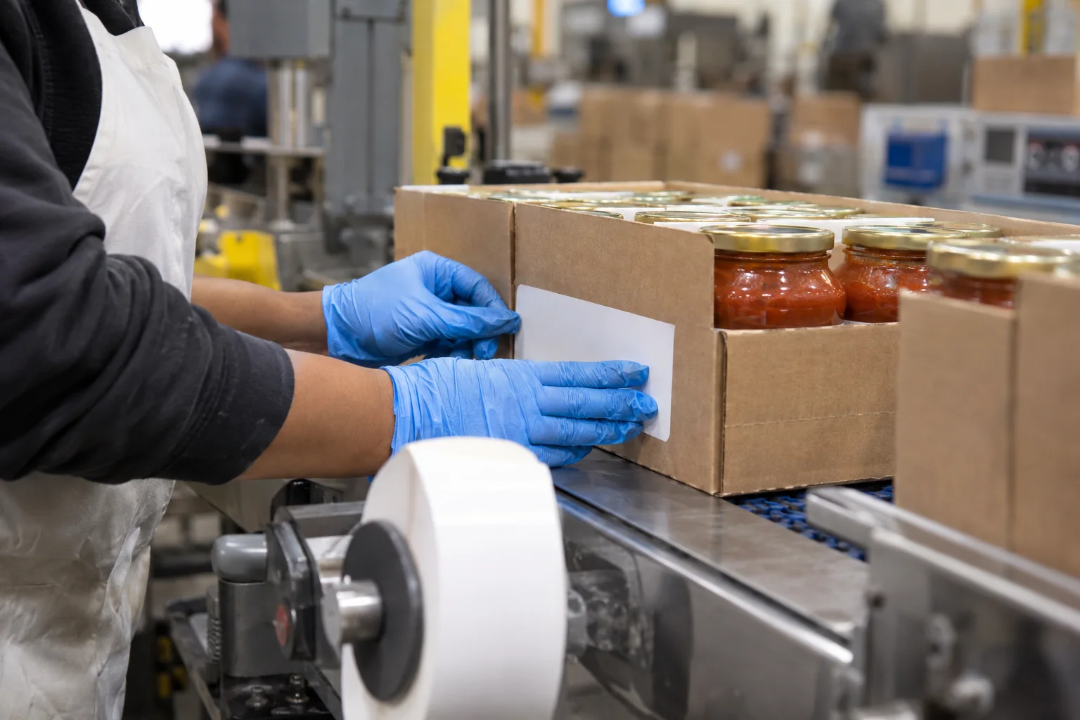 Gloved hands pressing a blank lot label onto a case of jarred sauce on a packing line conveyor