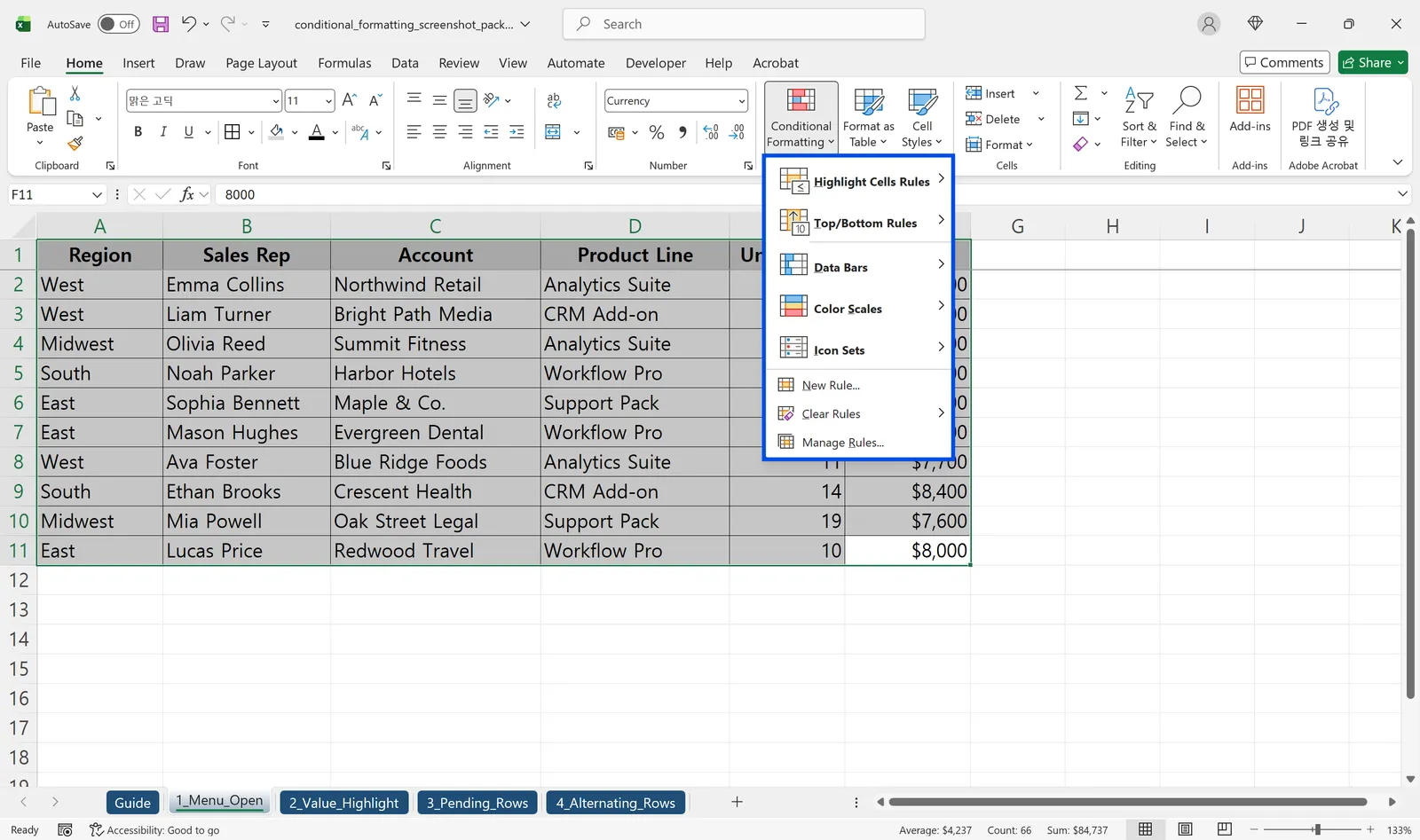 The Conditional Formatting menu open in Excel showing Highlight Cells Rules, Top/Bottom Rules, Data Bars, Color Scales, and Icon Sets