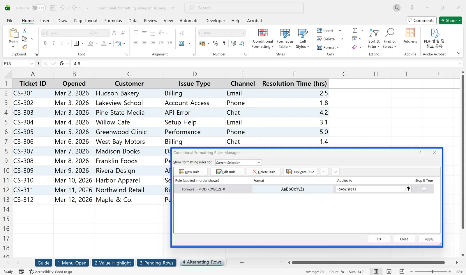 Excel applying the formula =MOD(ROW(),2)=0 to shade every even row as alternating bands