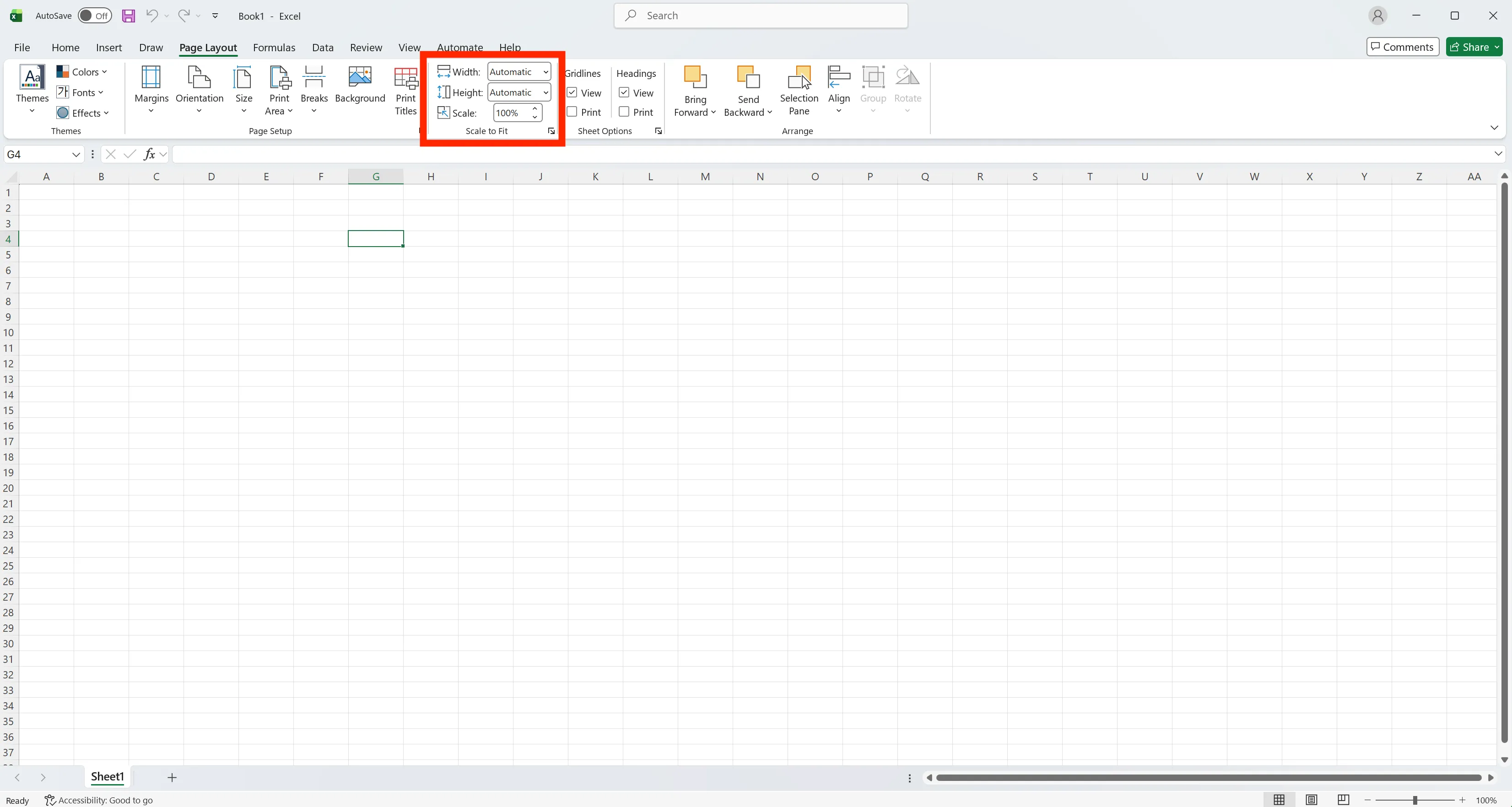 Excel Page Layout tab with Scale to Fit group showing Width, Height, and Scale options