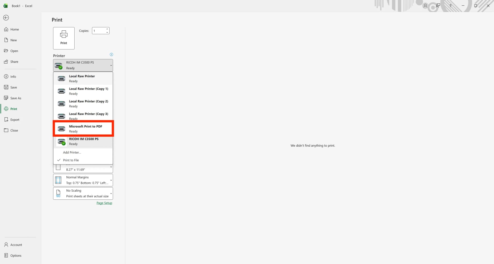 Excel Print dialog with Microsoft Print to PDF selected from the printer list
