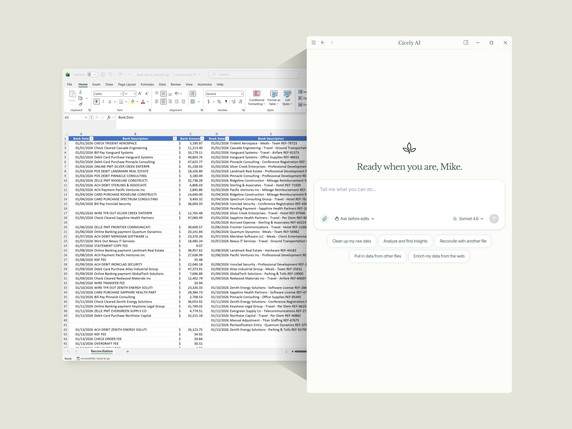 inline AI desktop app alongside an Excel bank reconciliation spreadsheet