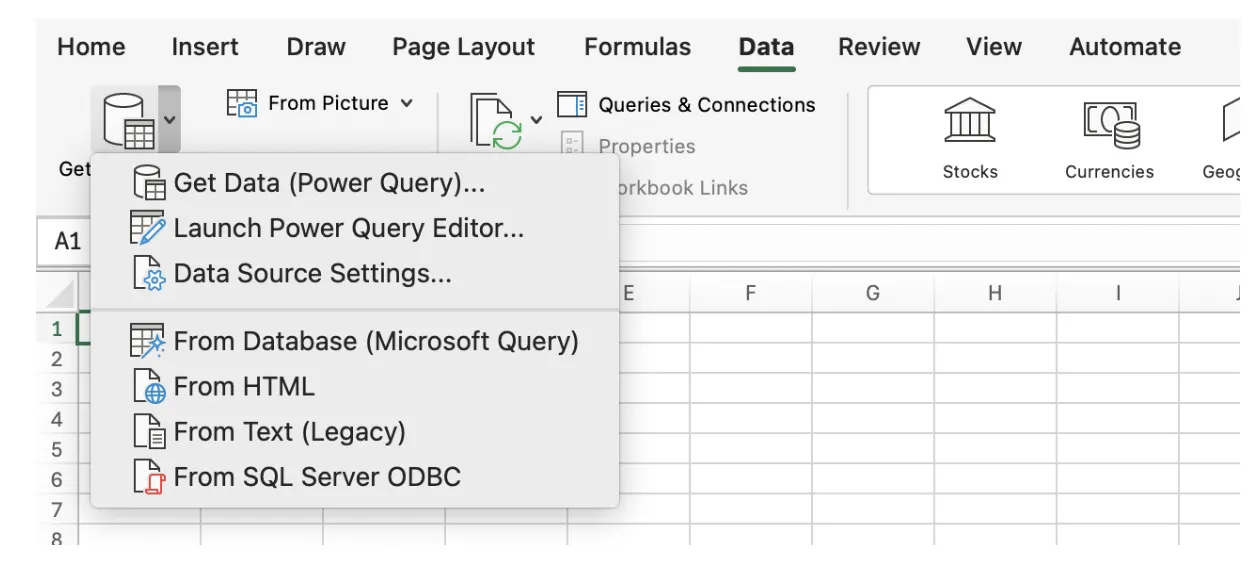 Excel Data tab showing Get Data Power Query menu with import source options