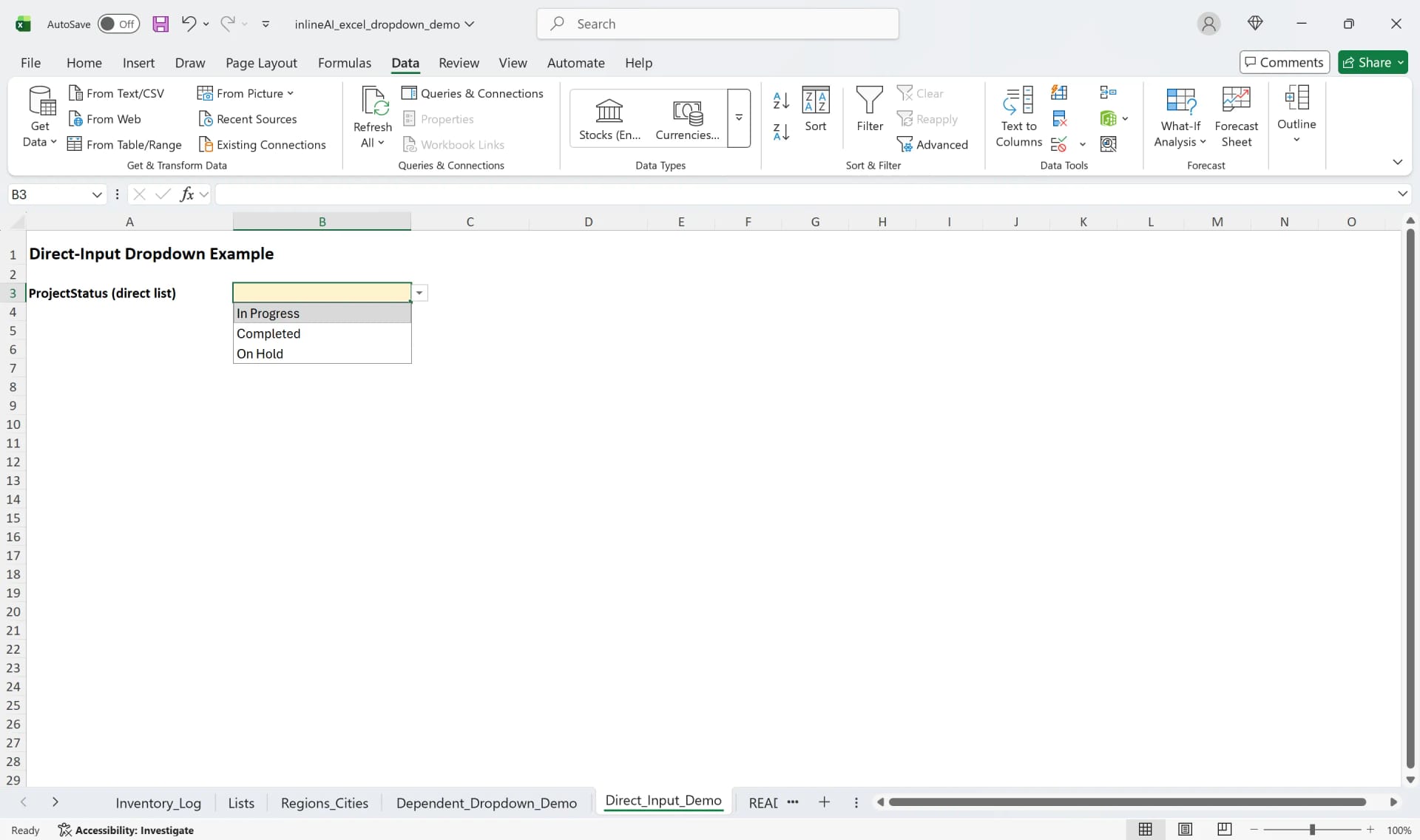 Excel drop-down list showing In Progress, Completed, and On Hold options in a cell
