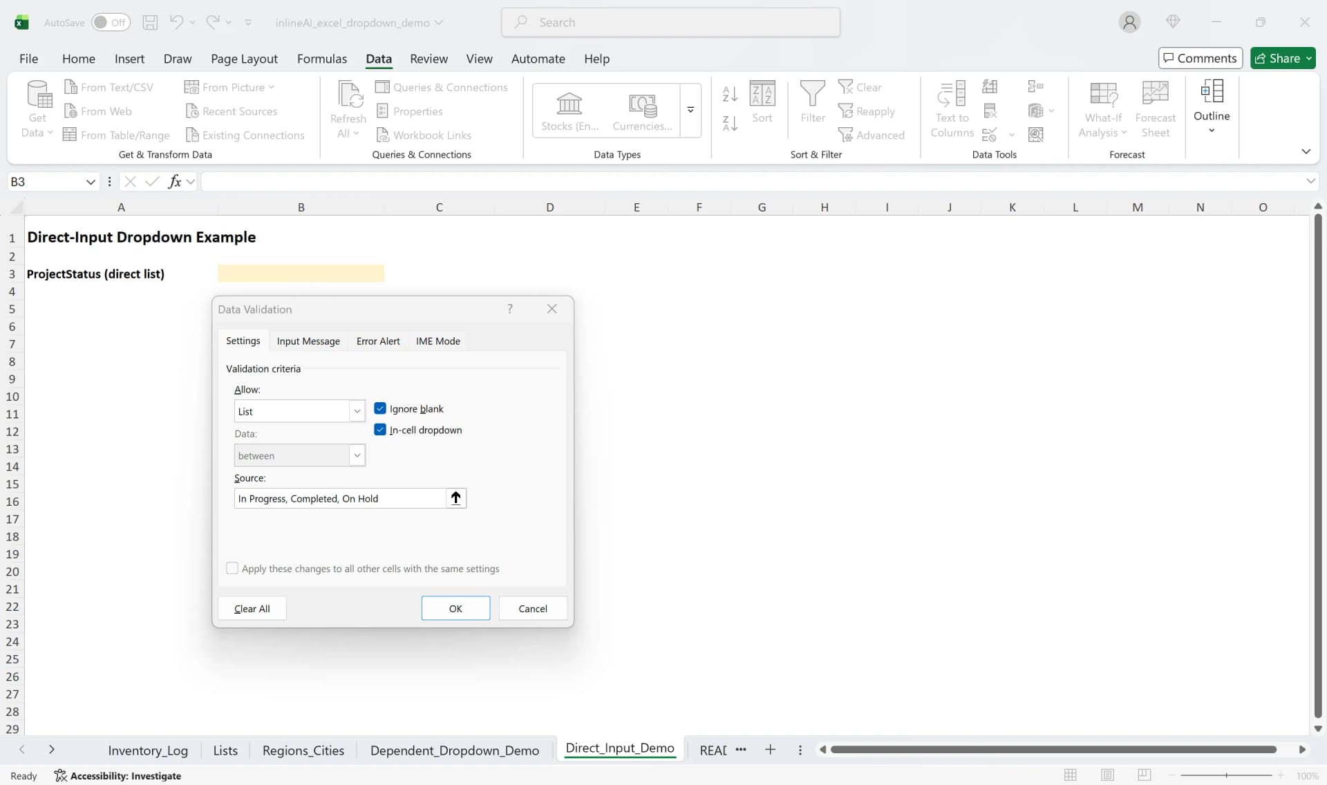 Data Validation dialog in Excel with List selected and comma-separated values in the Source field