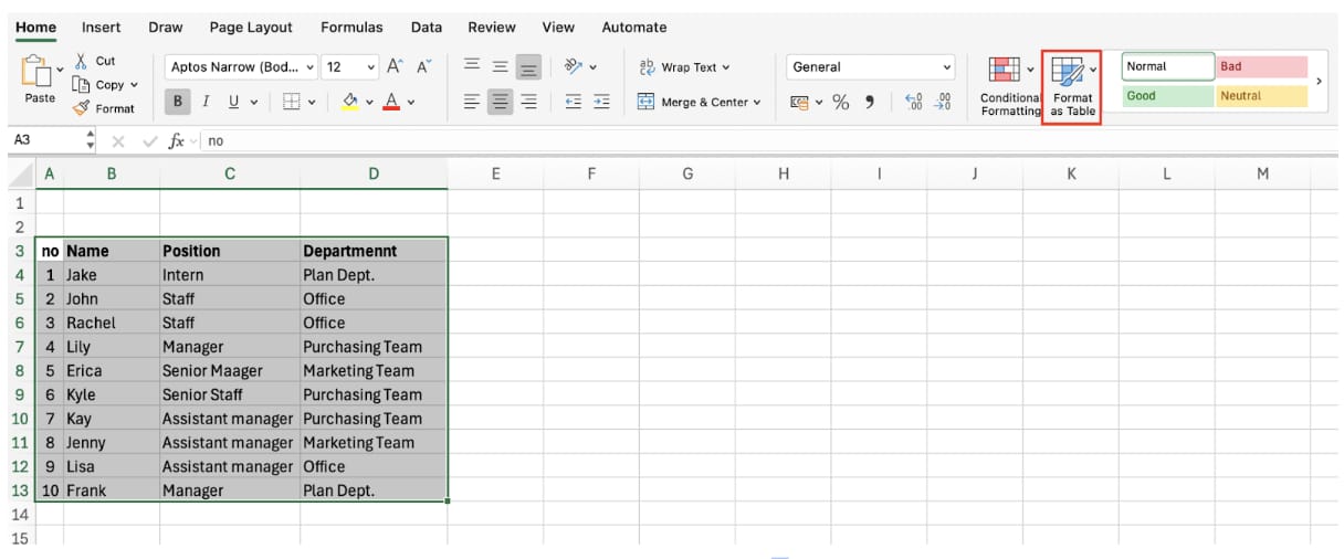 create-table-excel step illustration
