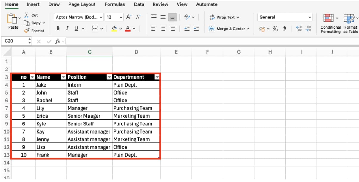 표로 만들기 메뉴 선택하기