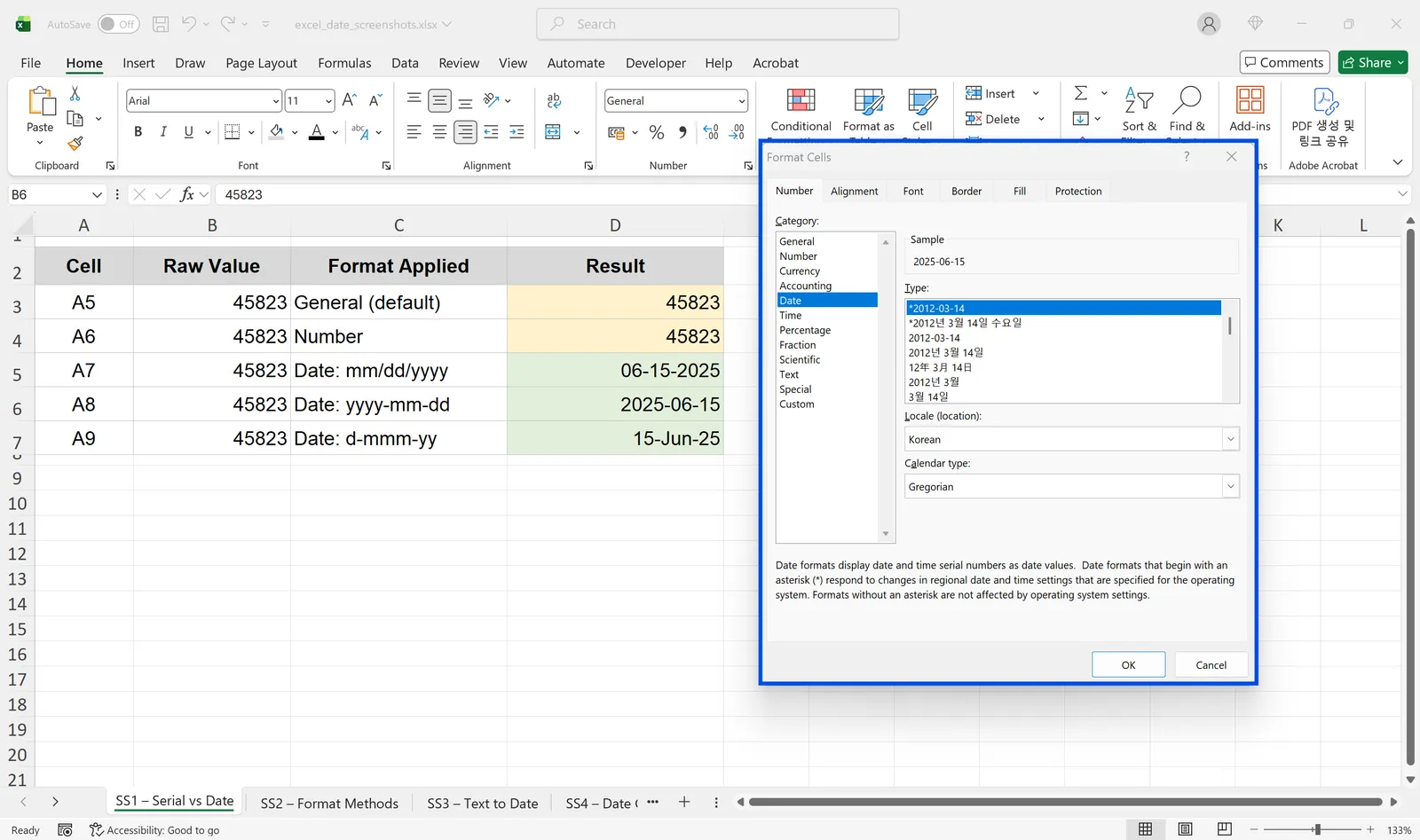 Excel Format Cells dialog showing the same serial number 45823 displayed as General, Number, and three different date formats