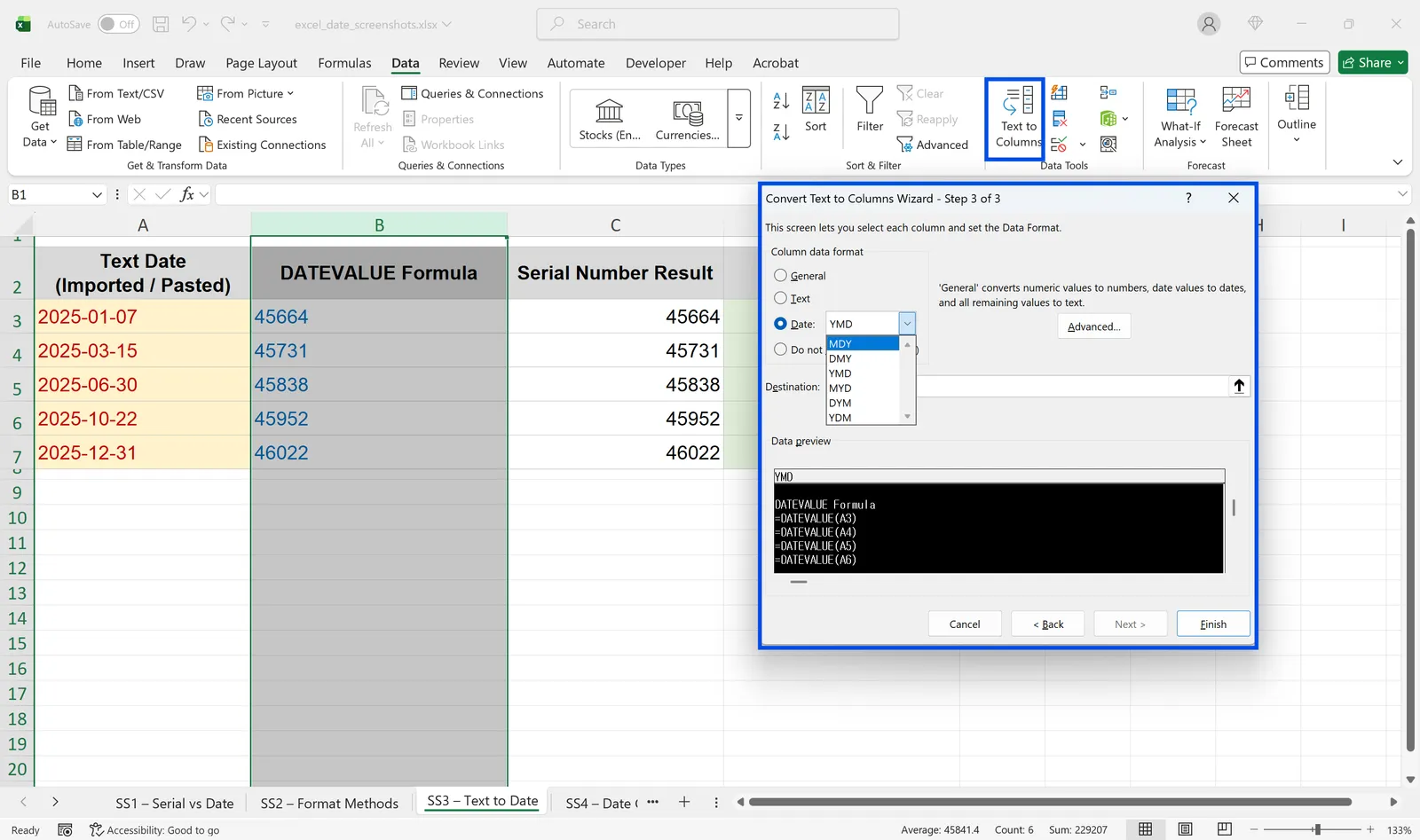 Excel Text to Columns wizard converting a column of text dates into serial numbers using the DATEVALUE formula