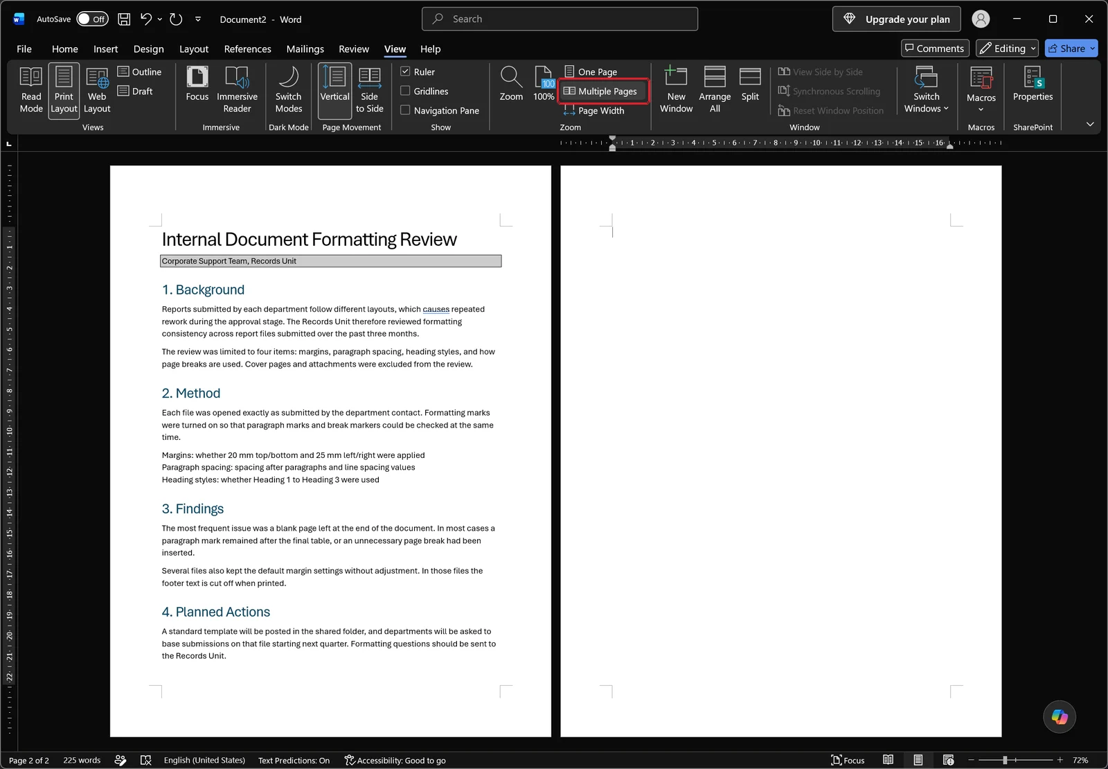 Word document displayed two pages at a time from the View tab, with body text on the left sheet and an entirely empty sheet on the right