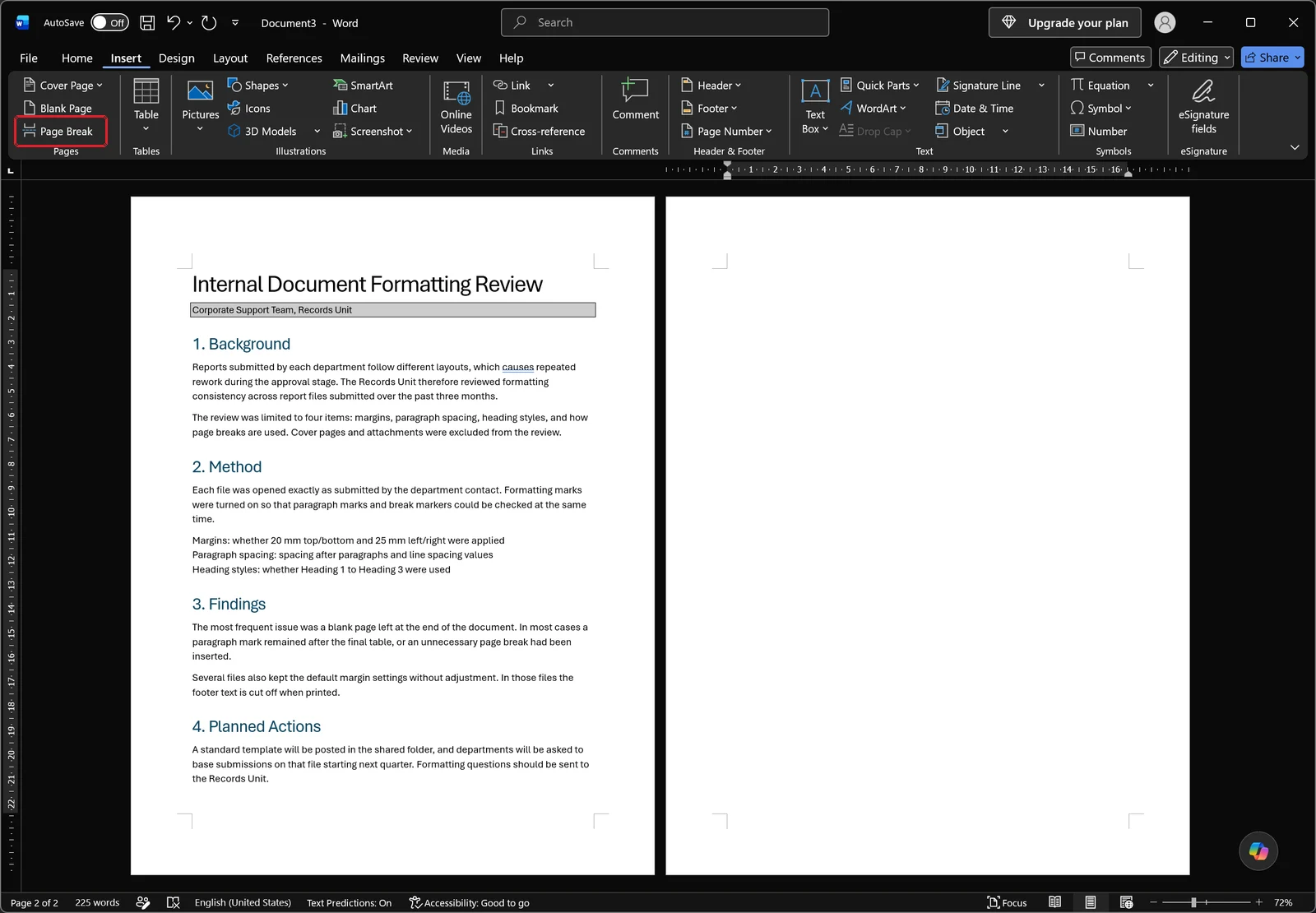 Insert tab open in Word with the Pages group showing Cover Page, Blank Page and Page Break, and Page Break outlined in red