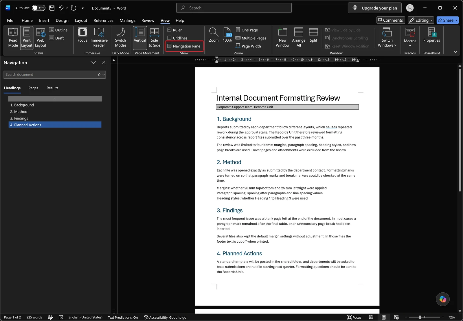 Navigation pane docked on the left of the Word window with the Navigation Pane checkbox in the Show group outlined in red