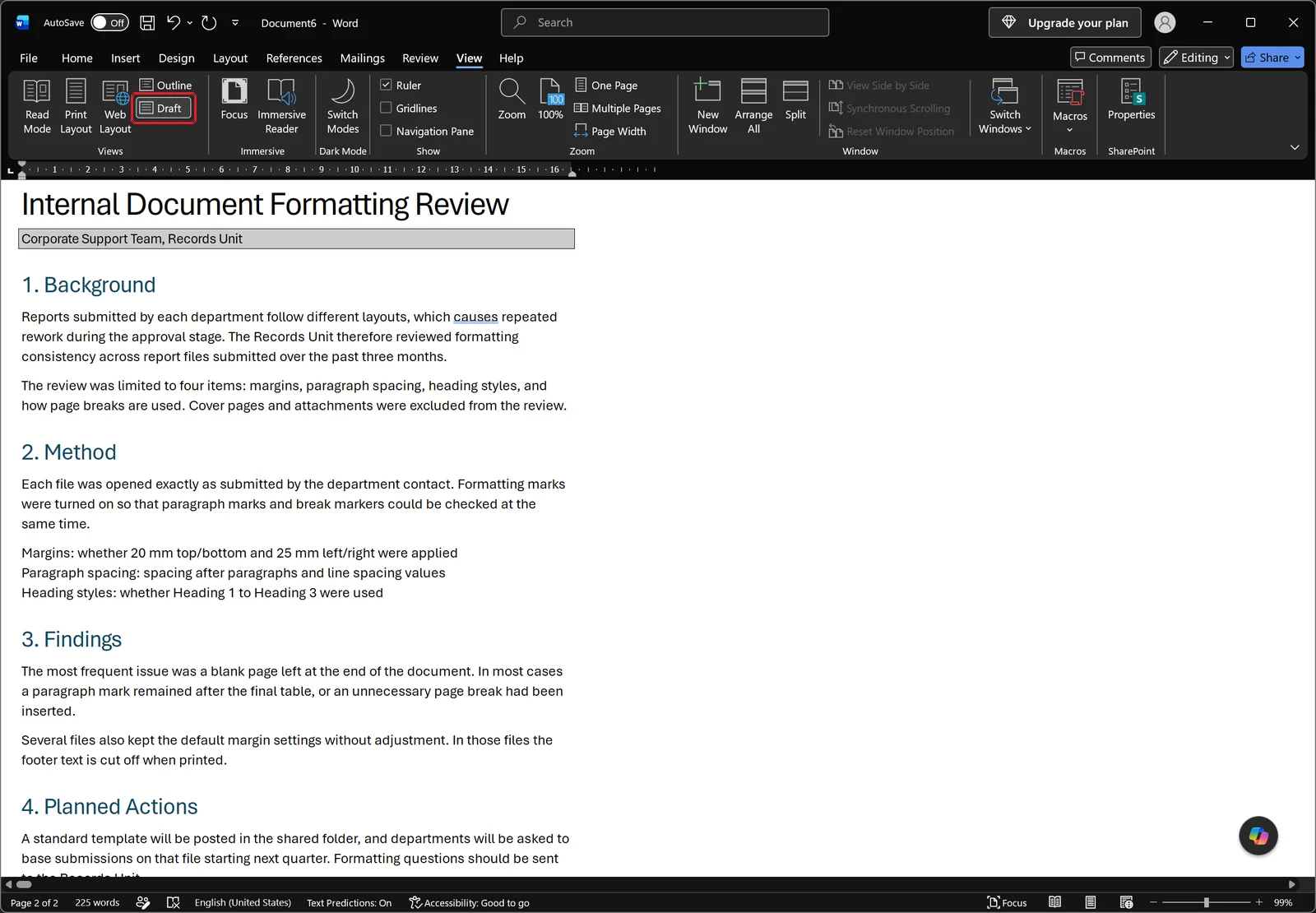 Word in Draft view where the text flows continuously without page margins or page edges, with the Draft button outlined in red