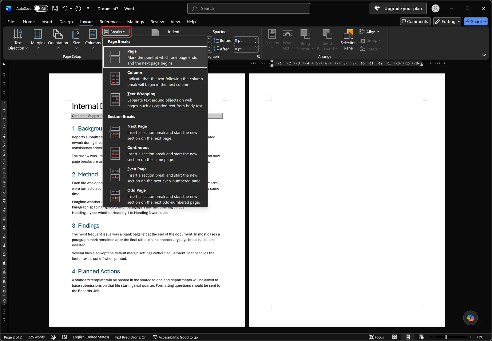 Layout tab in Word with the Breaks dropdown expanded, listing Page, Column and Text Wrapping under page breaks and Next Page, Continuous, Even Page and Odd Page under section breaks