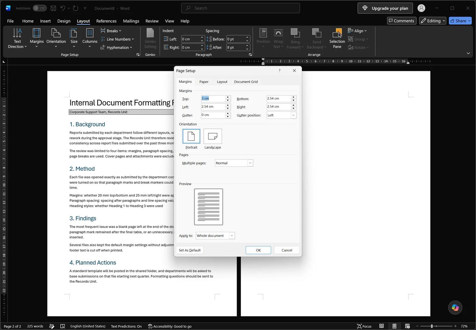 Page Setup dialog open over a Word document with the Margins, Paper, Layout and Document Grid tabs, margin boxes, orientation options and an Apply to dropdown