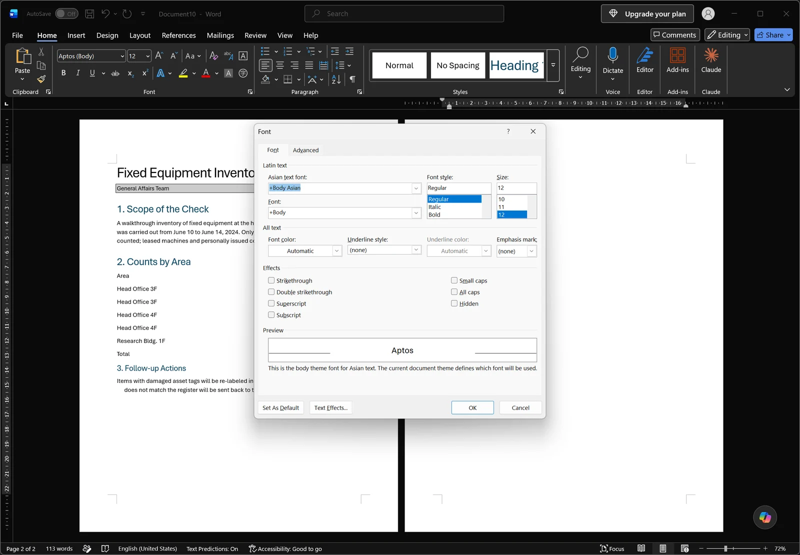 Font dialog open over an inventory report in Word, with font, style and size lists, underline and color options, an effects area containing the Hidden check box, and a preview panel