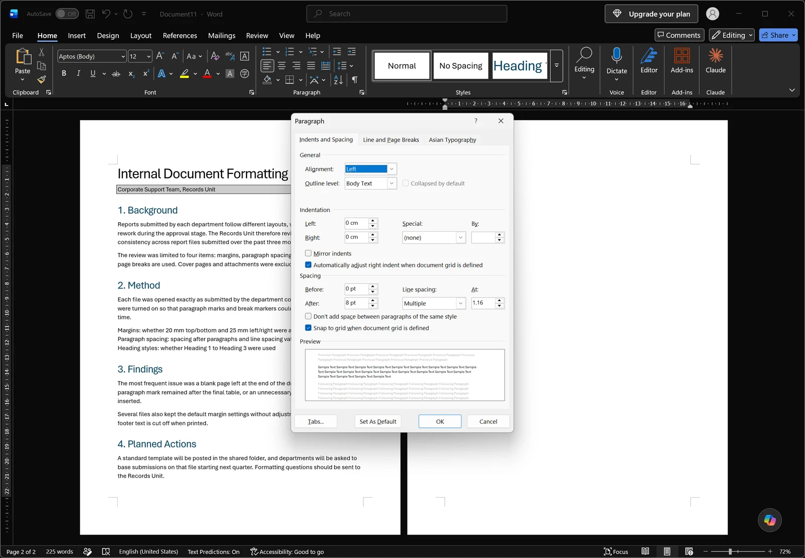 Paragraph dialog open in Word on the Indents and Spacing tab with alignment, indentation, Spacing Before and After boxes, a Line spacing dropdown with an At value, and a preview area