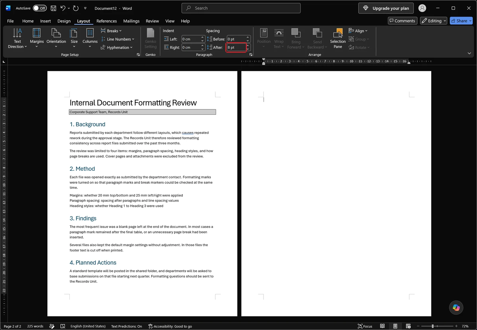 Layout tab in Word with the Paragraph group showing Indent Left and Right boxes next to Spacing Before and After, and the Spacing After box outlined in red