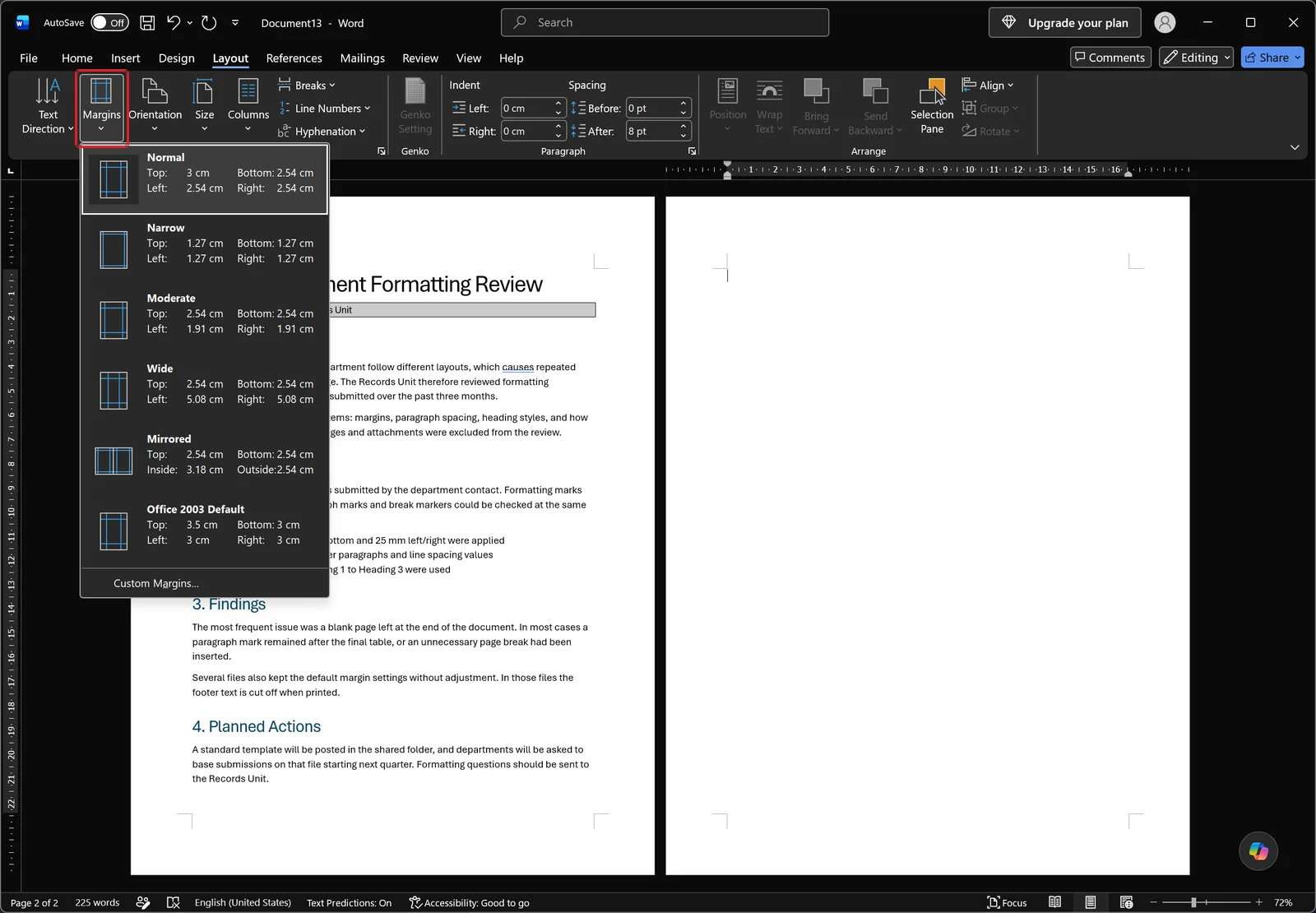Margins gallery open on the Layout tab in Word, listing Normal, Narrow, Moderate and Wide presets with their measurements and a custom margins command at the bottom
