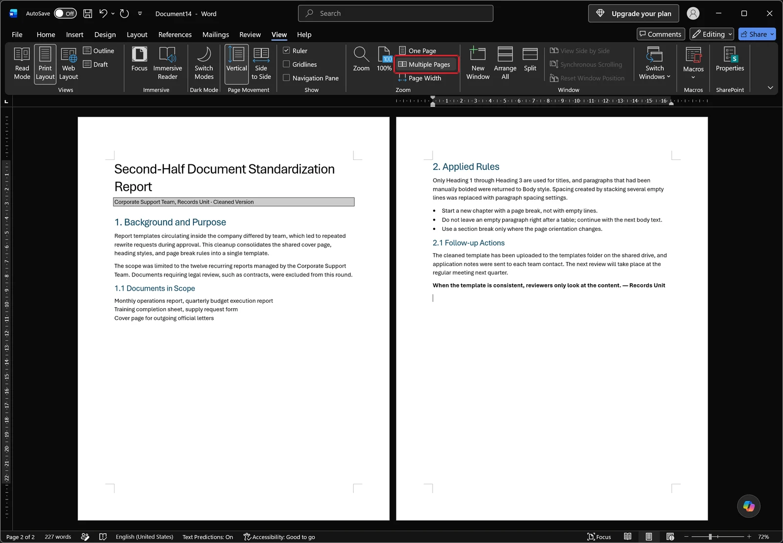 Cleaned-up Word document viewed two pages at a time, both sheets filled with headings and body text and no empty page remaining, with the Multiple Pages button outlined in red