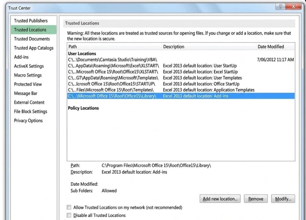 Trust Center Trusted Locations panel showing registered folder paths and Add new location button