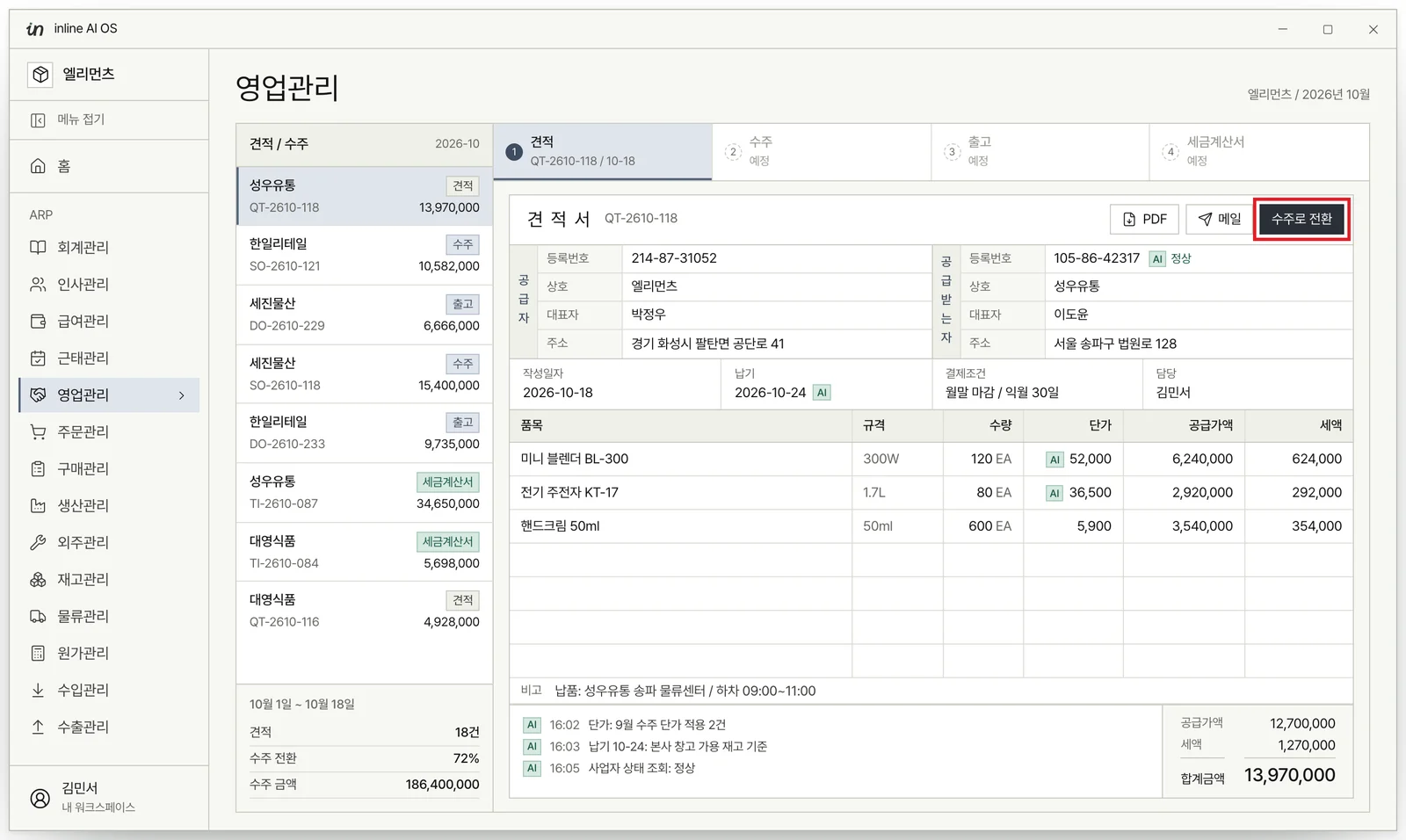 ERP 영업관리 화면에서 견적서가 열려 있고, 견적, 수주, 출고, 세금계산서 4단계 중 견적 단계가 선택되어 있으며 수주로 전환 버튼에 빨간 박스가 표시된 모습