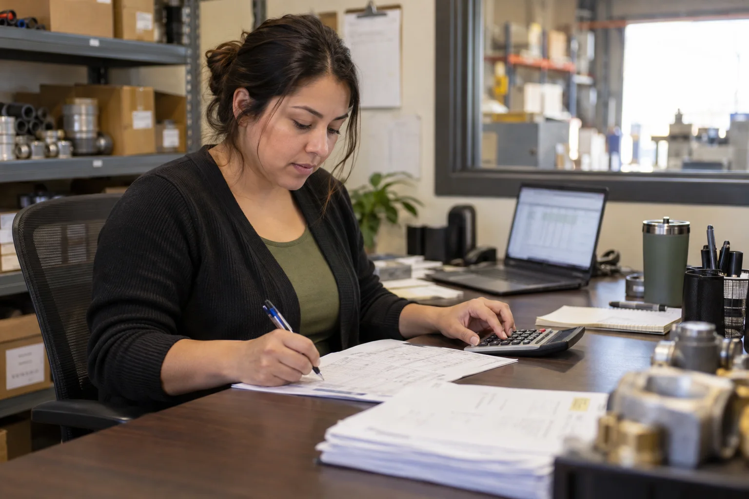 Sales coordinator checking a printed customer quote with a calculator at her desk, a spreadsheet open on the laptop beside her