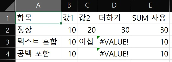 더하기 연산자를 쓴 열과 SUM 함수를 쓴 열을 나란히 비교한 표. 텍스트가 섞인 행에서 연산자 열은 #VALUE!를 표시하고 SUM 열은 숫자 결과를 반환하고 있다