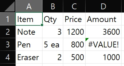 Excel table where a text quantity causes a #VALUE! error in the amount column