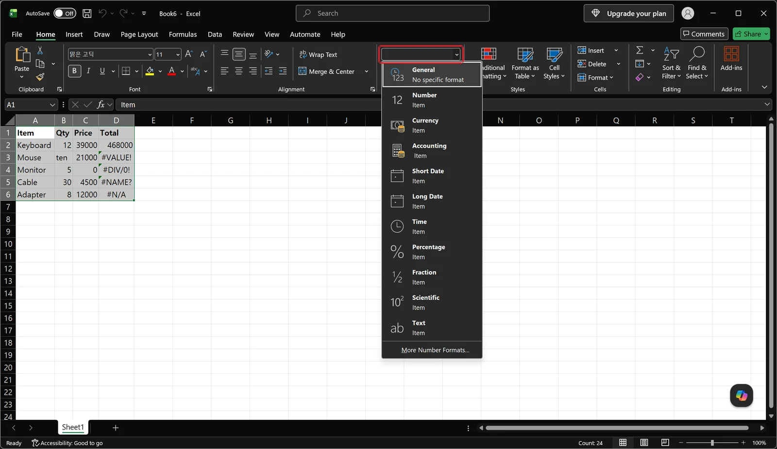 Excel Home tab with the number format gallery open to change cell format to General