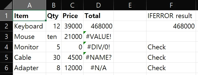 Excel table using IFERROR to replace error values with blanks and replacement text