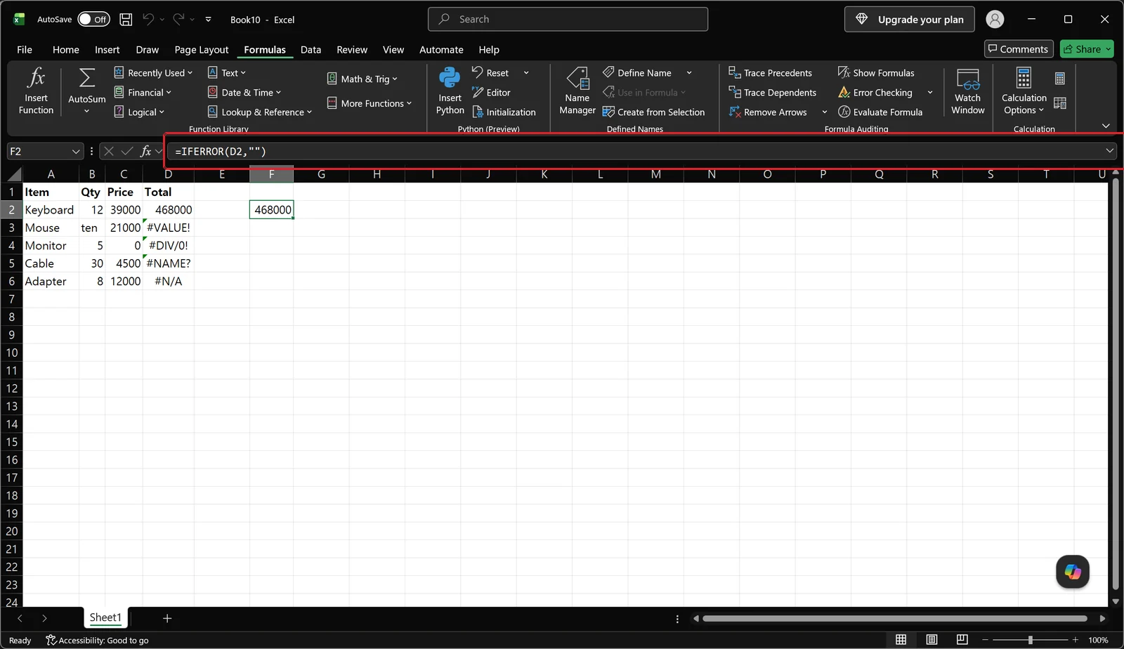 Excel Formulas tab with an IFERROR formula shown in the highlighted formula bar