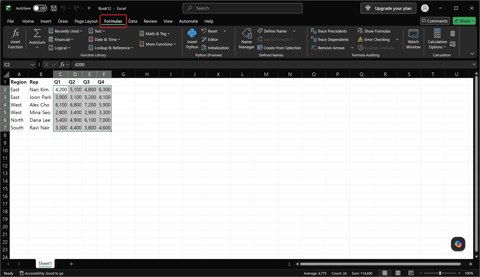 Excel Formulas ribbon tab showing calculation options and formula auditing groups