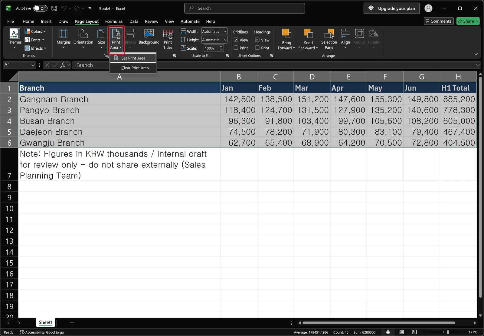 The Print Area button in the Page Setup group outlined in red, with a dropdown open showing Set Print Area and Clear Print Area