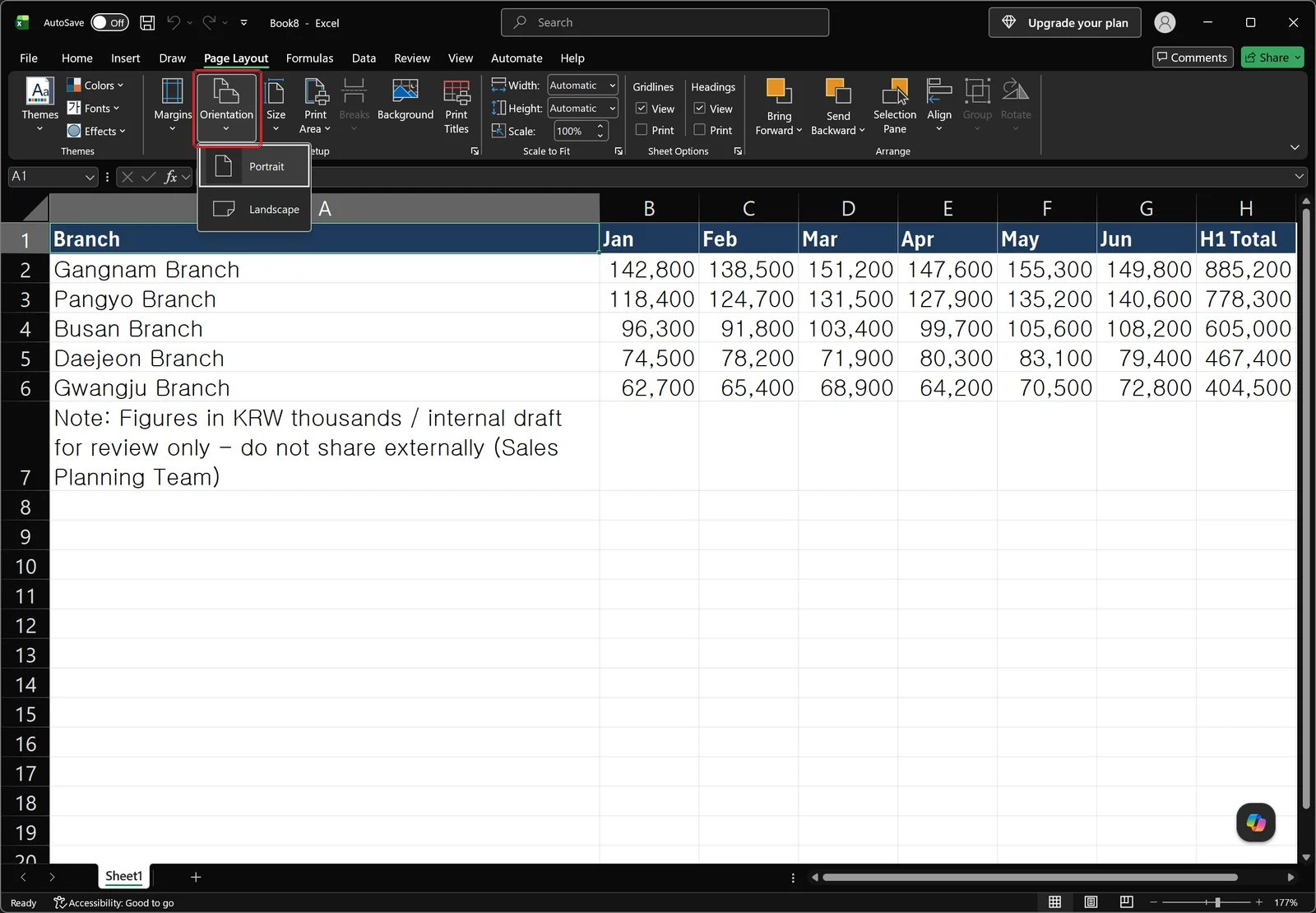 The Orientation button in the Page Setup group outlined in red, with a dropdown open showing Portrait and Landscape