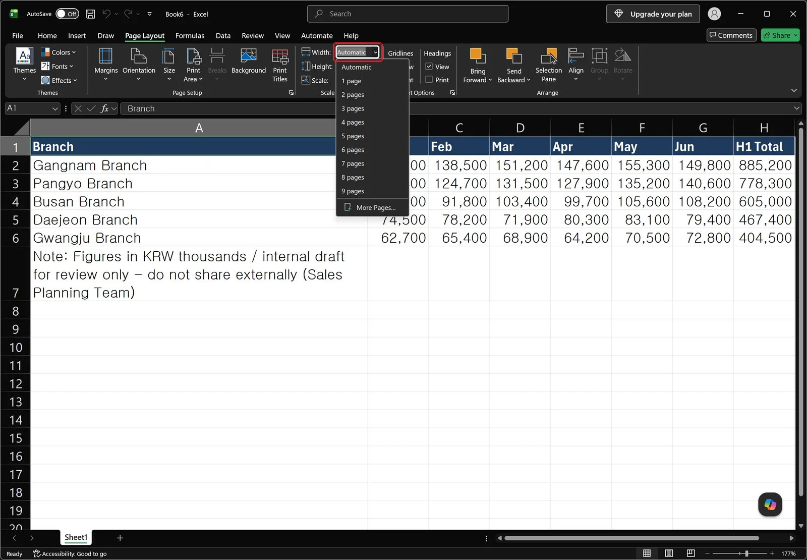The Width list in the Scale to Fit group expanded, showing Automatic, 1 page through 9 pages, and a More Pages entry