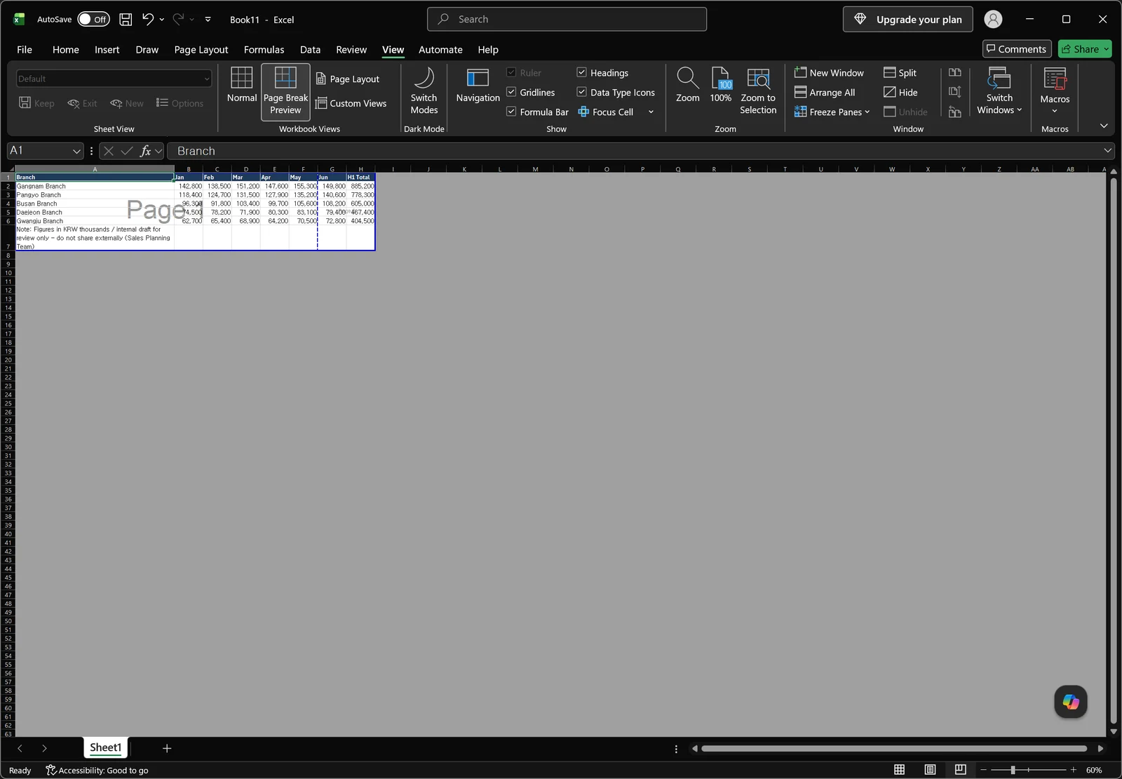 Excel switched to Page Break Preview, with the table enclosed in a blue print boundary and a faint Page watermark behind it indicating the range prints as a single sheet