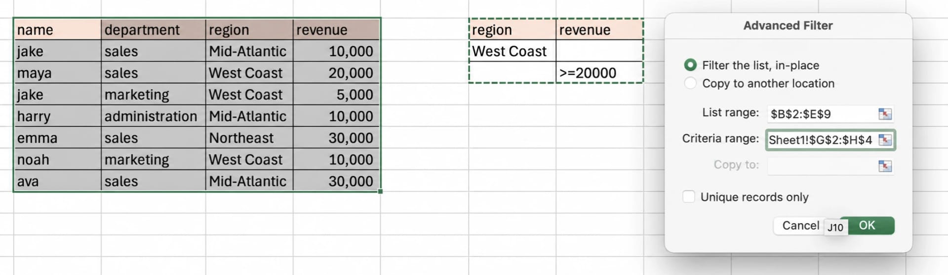 Advanced Filter criteria range with OR condition filtering by region or revenue threshold